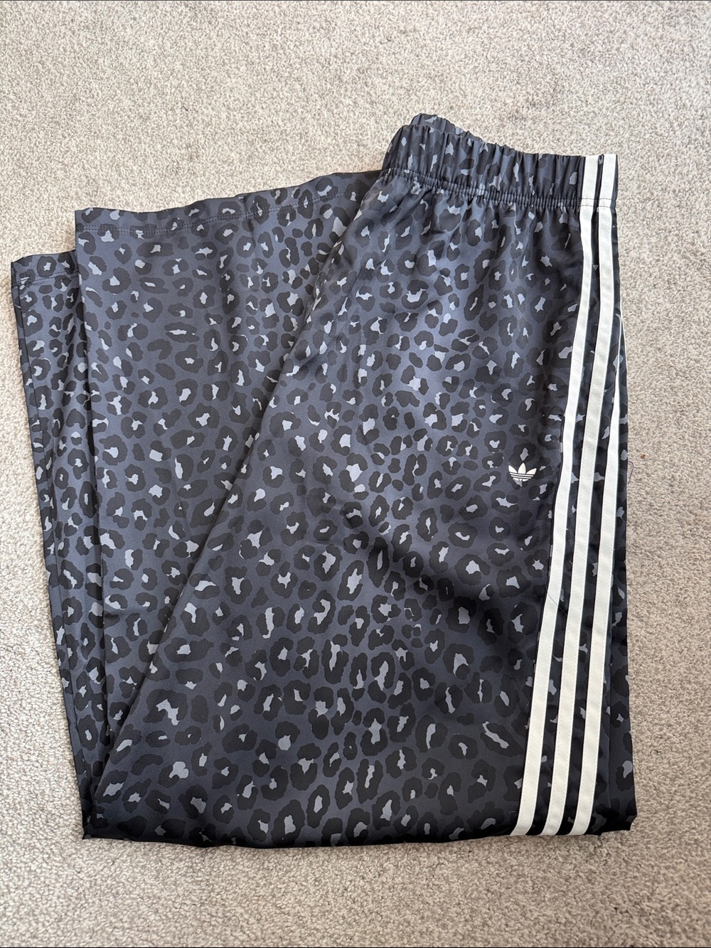 adidas Black and Gray Leopard Print Joggers with White Stripes